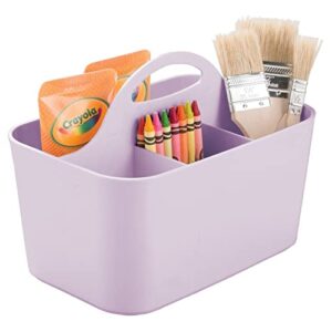 mDesign Plastic Portable Craft Storage Organizer Caddy Tote, Divided Basket Bin with Handle for Crafts, Sewing, Art Supplies - Holds Brushes, Colored Pencils - Lumiere Collection - Light Purple