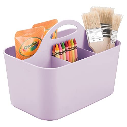 mDesign Plastic Portable Craft Storage Organizer Caddy Tote, Divided Basket Bin with Handle for Crafts, Sewing, Art Supplies - Holds Brushes, Colored Pencils - Lumiere Collection - Light Purple