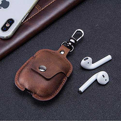 Jkhome Genuine Leather AirPods Case Vintage Portable Protective Cover for AirPods 2 1 with Keychain (Brown)