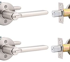 Front Door Entry Lever with Double Cylinder Deadbolts Combination Set, Satin Nickel Finish, Keyed Alike Exterior Entrance Lever Door Handle Set for Front/Back Gate Door, Pack of 2