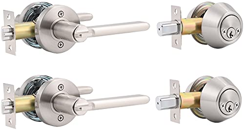 Front Door Entry Lever with Double Cylinder Deadbolts Combination Set, Satin Nickel Finish, Keyed Alike Exterior Entrance Lever Door Handle Set for Front/Back Gate Door, Pack of 2