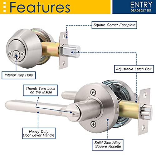 Front Door Entry Lever with Double Cylinder Deadbolts Combination Set, Satin Nickel Finish, Keyed Alike Exterior Entrance Lever Door Handle Set for Front/Back Gate Door, Pack of 2