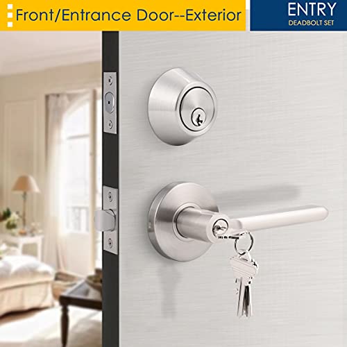 Front Door Entry Lever with Double Cylinder Deadbolts Combination Set, Satin Nickel Finish, Keyed Alike Exterior Entrance Lever Door Handle Set for Front/Back Gate Door, Pack of 2