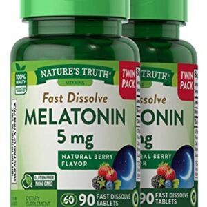 Nature's Truth Melatonin 5 mg | 180 Fast Dissolve Tablets (2 X 90 Twin Pack) | Natural Berry Flavor | Vegetarian, Non-GMO, Gluten Free