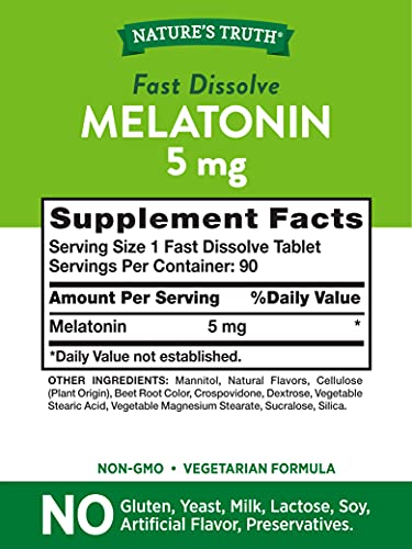 Nature's Truth Melatonin 5 mg | 180 Fast Dissolve Tablets (2 X 90 Twin Pack) | Natural Berry Flavor | Vegetarian, Non-GMO, Gluten Free