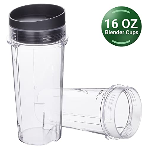 Replacement Blender Cup with Lids 16oz (2 Pack) For Nutri Ninja Pro BL660 BL663CO BL740 BL770 BL770W BL771 BL773CO BL780 BL780CO Ninja Professional 1200W 1100W 1500 Watts Blender Cups Parts