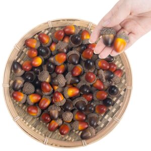 bigotters 100pcs large artificial acorns, 1.5 x 0.8 inches mixed color fake nutty with natural acorn cap simulation fruit props for home autumn decor craft diy wedding festival party favor