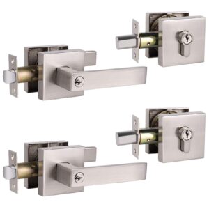 set of 2 gobekor square keyed-alike front door entry lever lockset and double cylinder deadbolt combination sets with same key,satin nickel finished