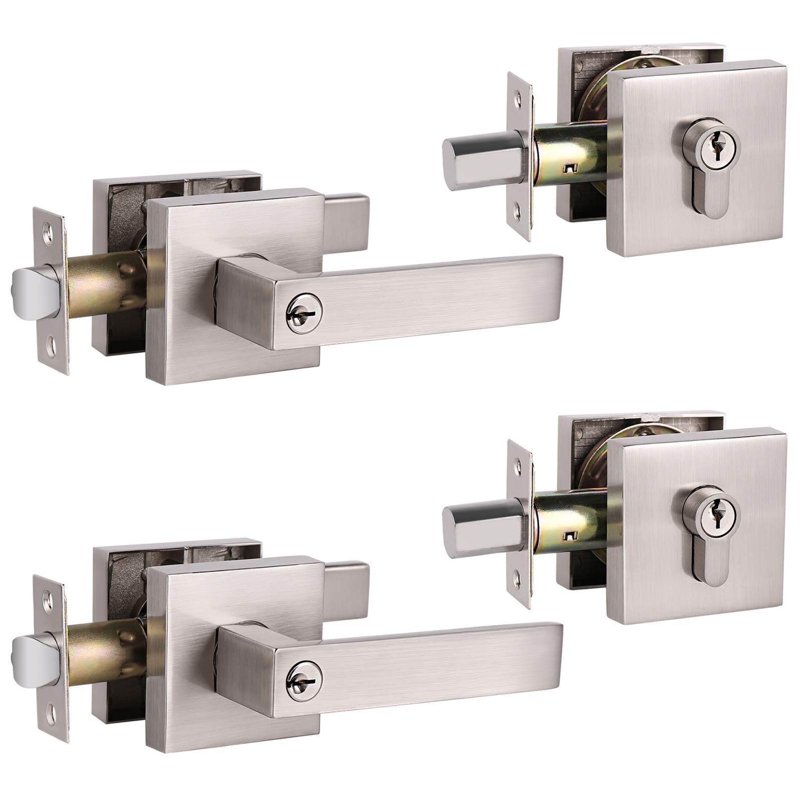 Set of 2 GOBEKOR Square Keyed-Alike Front Door Entry Lever Lockset and Double Cylinder Deadbolt Combination Sets with Same Key,Satin Nickel Finished