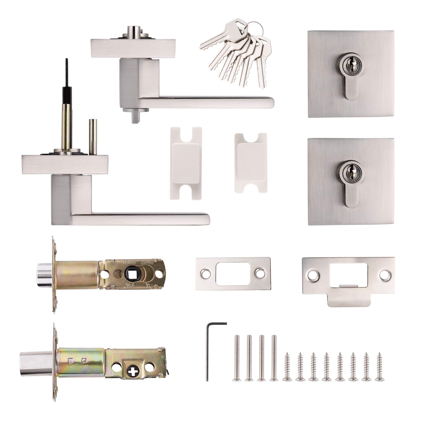 Set of 2 GOBEKOR Square Keyed-Alike Front Door Entry Lever Lockset and Double Cylinder Deadbolt Combination Sets with Same Key,Satin Nickel Finished