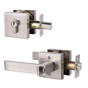 Set of 2 GOBEKOR Square Keyed-Alike Front Door Entry Lever Lockset and Double Cylinder Deadbolt Combination Sets with Same Key,Satin Nickel Finished