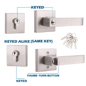 Set of 2 GOBEKOR Square Keyed-Alike Front Door Entry Lever Lockset and Double Cylinder Deadbolt Combination Sets with Same Key,Satin Nickel Finished