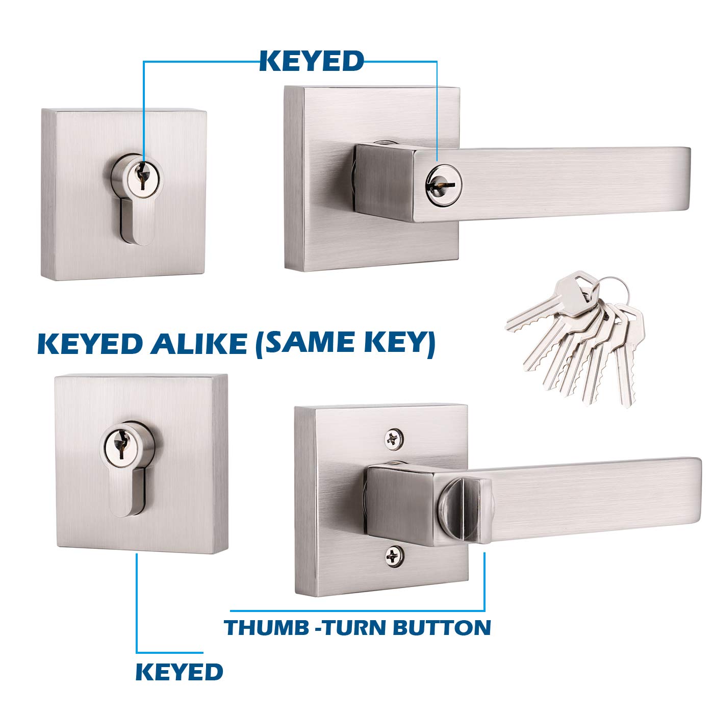 Set of 2 GOBEKOR Square Keyed-Alike Front Door Entry Lever Lockset and Double Cylinder Deadbolt Combination Sets with Same Key,Satin Nickel Finished