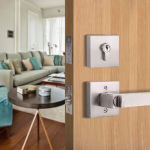 Set of 2 GOBEKOR Square Keyed-Alike Front Door Entry Lever Lockset and Double Cylinder Deadbolt Combination Sets with Same Key,Satin Nickel Finished