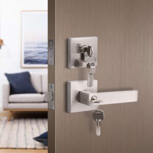 Set of 2 GOBEKOR Square Keyed-Alike Front Door Entry Lever Lockset and Double Cylinder Deadbolt Combination Sets with Same Key,Satin Nickel Finished