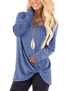 niashot womens long sleeve tops solid twist knot sweater v-neck fall shirts blue 2xl