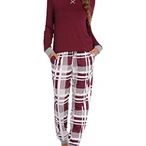 Ekouaer Women's Long Sleeve Pj Soft Crew Neck Pajama Long Sleeve Sweatshirt with Long Pants Red Plaid,Small