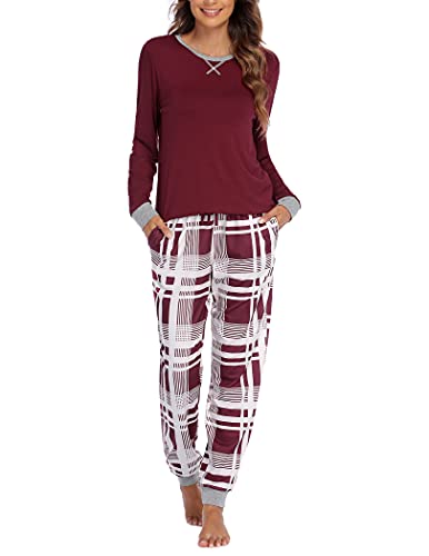 Ekouaer Women's Long Sleeve Pj Soft Crew Neck Pajama Long Sleeve Sweatshirt with Long Pants Red Plaid,Small