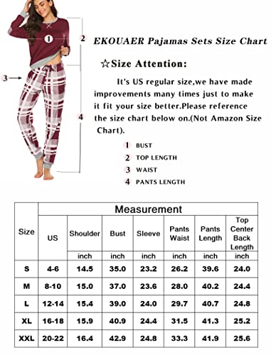 Ekouaer Women's Long Sleeve Pj Soft Crew Neck Pajama Long Sleeve Sweatshirt with Long Pants Red Plaid,Small