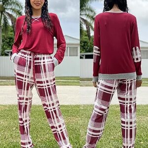 Ekouaer Women's Long Sleeve Pj Soft Crew Neck Pajama Long Sleeve Sweatshirt with Long Pants Red Plaid,Small