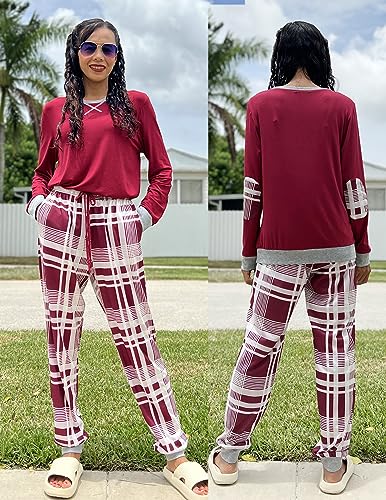 Ekouaer Women's Long Sleeve Pj Soft Crew Neck Pajama Long Sleeve Sweatshirt with Long Pants Red Plaid,Small