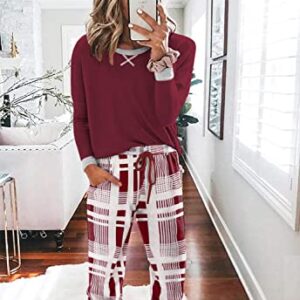 Ekouaer Women's Long Sleeve Pj Soft Crew Neck Pajama Long Sleeve Sweatshirt with Long Pants Red Plaid,Small