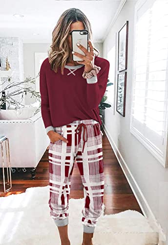 Ekouaer Women's Long Sleeve Pj Soft Crew Neck Pajama Long Sleeve Sweatshirt with Long Pants Red Plaid,Small