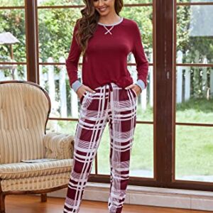 Ekouaer Women's Long Sleeve Pj Soft Crew Neck Pajama Long Sleeve Sweatshirt with Long Pants Red Plaid,Small