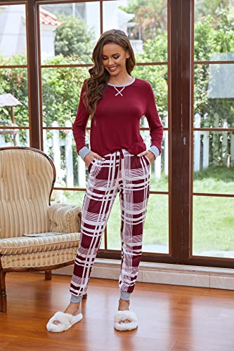 Ekouaer Women's Long Sleeve Pj Soft Crew Neck Pajama Long Sleeve Sweatshirt with Long Pants Red Plaid,Small