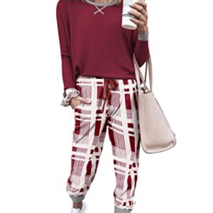 Ekouaer Women's Long Sleeve Pj Soft Crew Neck Pajama Long Sleeve Sweatshirt with Long Pants Red Plaid,Small