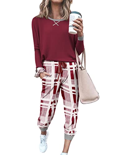 Ekouaer Women's Long Sleeve Pj Soft Crew Neck Pajama Long Sleeve Sweatshirt with Long Pants Red Plaid,Small