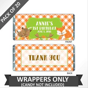 Woodland Creatures Personalized Candy Bar Wrappers for Chocolate, Hershey Bar Party Favors, Kids Birthday, Pack of 20