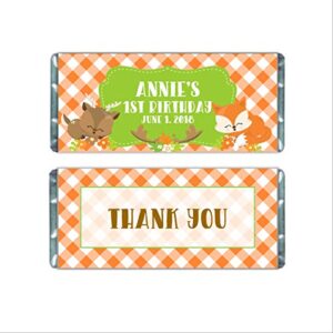 woodland creatures personalized candy bar wrappers for chocolate, hershey bar party favors, kids birthday, pack of 20