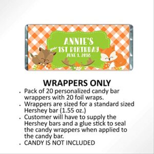Woodland Creatures Personalized Candy Bar Wrappers for Chocolate, Hershey Bar Party Favors, Kids Birthday, Pack of 20