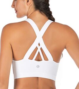 running girl sports bra for women, criss-cross back padded strappy sports bras medium support yoga bra with removable cups(2355d-white,l)