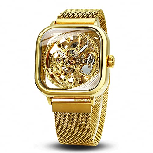 Caluxe Skeleton Watch for Men Transparent Square Face Engraved Golden Automatic Mechanical Men's Wristwatch Ultra Thin Mesh Strap Magnet Clasp Classic Vintage Retro Women Unisex