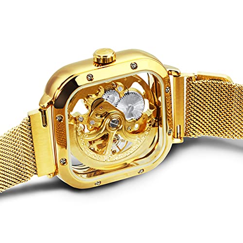 Caluxe Skeleton Watch for Men Transparent Square Face Engraved Golden Automatic Mechanical Men's Wristwatch Ultra Thin Mesh Strap Magnet Clasp Classic Vintage Retro Women Unisex