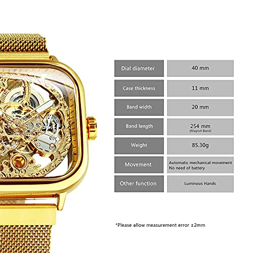 Caluxe Skeleton Watch for Men Transparent Square Face Engraved Golden Automatic Mechanical Men's Wristwatch Ultra Thin Mesh Strap Magnet Clasp Classic Vintage Retro Women Unisex