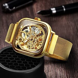 Caluxe Skeleton Watch for Men Transparent Square Face Engraved Golden Automatic Mechanical Men's Wristwatch Ultra Thin Mesh Strap Magnet Clasp Classic Vintage Retro Women Unisex