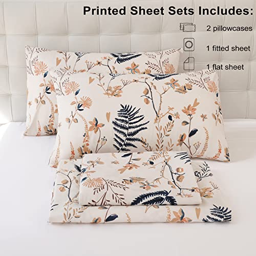 JSD Floral Printed Sheet Set Queen, Soft Microfiber Botanical Bed Sheets 15" Extra Deep Pocket 4 Pieces