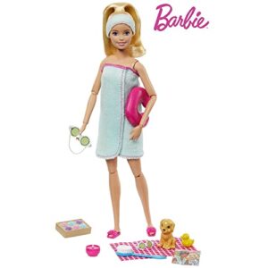 Barbie Spa Doll Toy Set with Puppy & 9 Accessories Including Neck Pillow, Rubber Duck & Cucumber Eye Masks, Blonde Doll