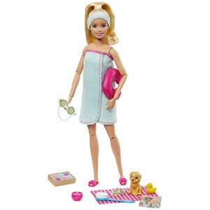 barbie spa doll toy set with puppy & 9 accessories including neck pillow, rubber duck & cucumber eye masks, blonde doll