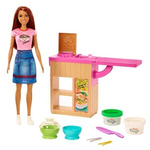 ​barbie noodle bar playset with brunette doll, workstation and accessories