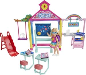 barbie club chelsea school playset with blonde small doll & classroom accessories, flipping blackboard, cafeteria, desks & more (amazon exclusive)