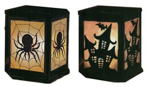 halloween pvc haunted house bat and spider decorative lanterns battery powered led light up electric votive candle tea light foldable collapsible -set of 2