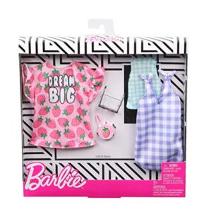 barbie clothes, 2 outfits doll include a strawberry-print dress, a checked dress and top, plus a strawberry-decorated purse and heart-shaped sunglasses, gift for 3 to 8 year olds​