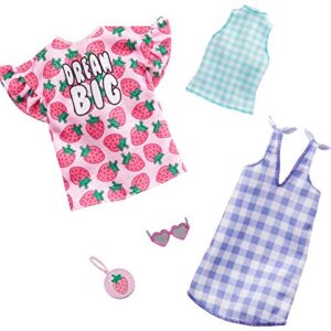 Barbie Clothes, 2 Outfits Doll Include a Strawberry-Print Dress, a Checked Dress and Top, Plus a Strawberry-Decorated Purse and Heart-Shaped Sunglasses, Gift for 3 to 8 Year Olds​