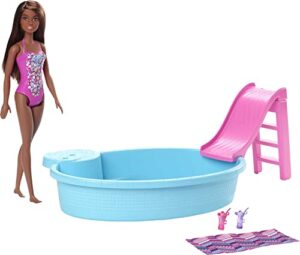 barbie doll and pool playset with pink slide, beverage accessories and towel, brunette doll in floral swimsuit