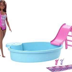 Barbie Doll and Pool Playset with Pink Slide, Beverage Accessories and Towel, Brunette Doll in Floral Swimsuit