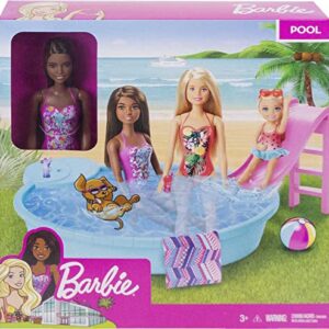 Barbie Doll and Pool Playset with Pink Slide, Beverage Accessories and Towel, Brunette Doll in Floral Swimsuit